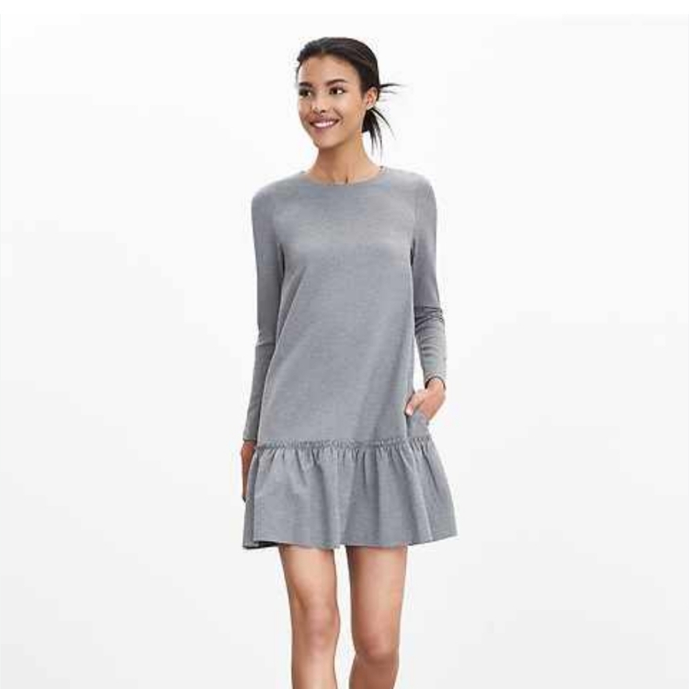 ♡ Banana Republic Marled Gray Drop Waist Ponte Ruffled Dress Size 10